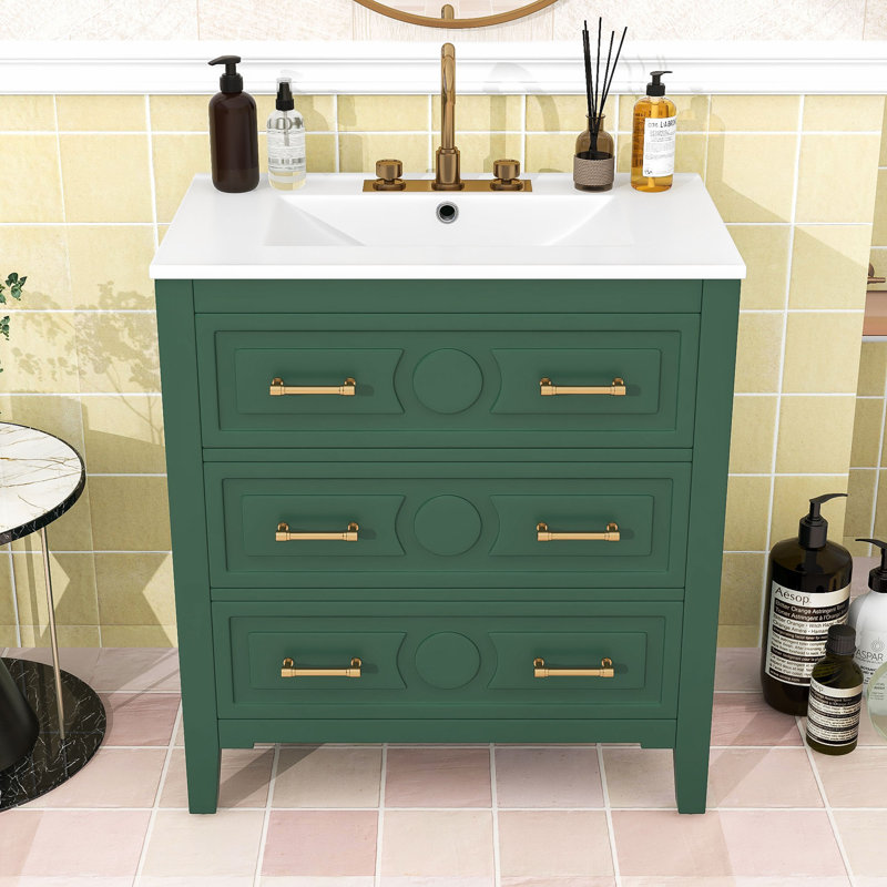 Meuble-lavabo autoportant avec lavabo en céramique et 3 tiroirs, Vert