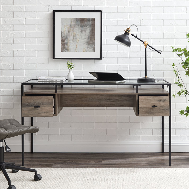 Wingfield 56" 2-Drawer Glass-Top Writing Desk, Gray Wash/Black