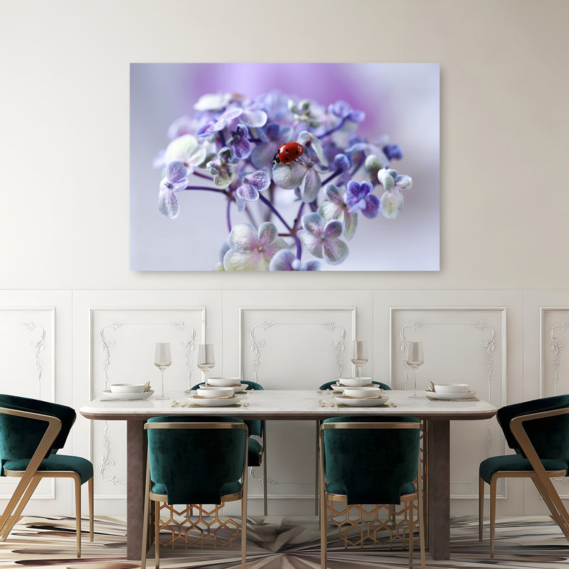 Ladybug On Purple Bloom Colorful Delicate Peaceful Ladybug Flower Nature Wall Art Print by Ellen van Deelen - 1 Piece Wrapped Canvas Wall Art
