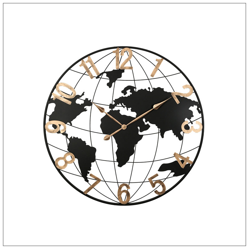 Large Metal Wall Clock, Modern Silent World Map Wall Clock With Vintage Arabic Numeral, Decorative For Living Room, Entryway, Dinning Room, Bedroom