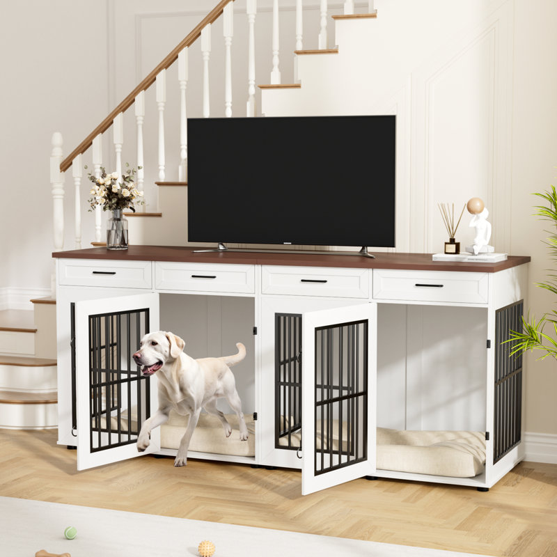86.7" Double Dog Crates Furniture, Large Farmhouse Dog Kennel With 4 Drawers As Tv Stand, Heavy Duty Dog Cage For 2 Large Dogs
