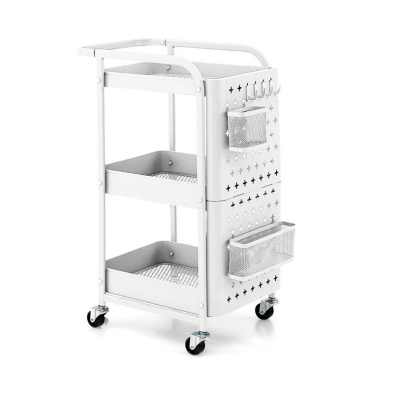 White Powder-Coated Carbon Steel 3-Tier Utility Storage Cart with Pegboard Baskets