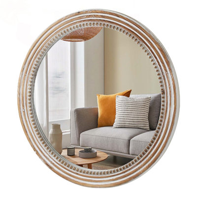27.56 Inch Rustic Round Wall Mirror with Beaded Wood Frame