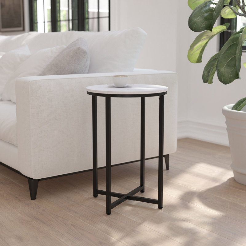 Table de bout Hampstead Collection - Table d'appoint moderne en stratifié avec structure entrecroisée, Noir mat, Marbre blanc