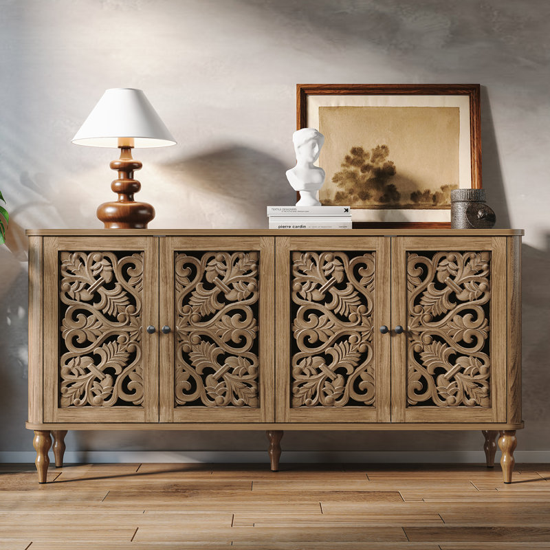 63" Vintage Carved Sideboard Cabinet with Adjustable Shelves and Solid Wood Legs, Walnut, Brown