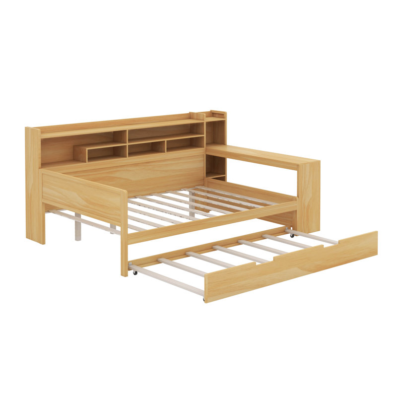 Lit de jour double avec tablettes, lit gigogne et bureau, Naturel