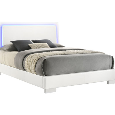Energy - Saving White High Gloss Solid Wood + Queen Led Panel Bed With Headboard, And Stylish Slatted Look For Bedroom Design In Finish, Lighting, Structured Sides Contemporary Bedrooms
