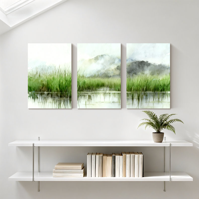 Hiver forêt brumeux, marais, paysage, eau, reflet, herbe verte, ensemble de 3 impressions sur toile, H 18 po x l 36 po
