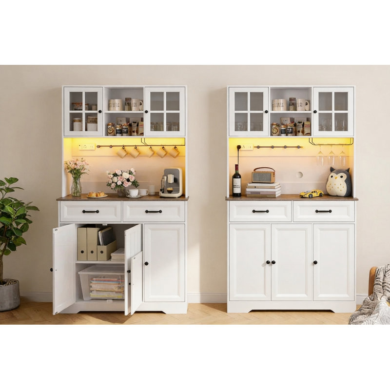 Armoire de cuisine 71 po H avec 5 portes, tablettes réglables, support à vin, bande lumineuse à DEL et prise de courant intégrée