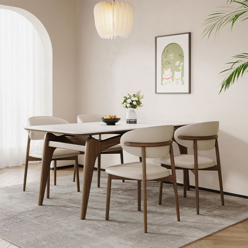 White + Nut-brown Rectangular Sintered Stone + Solid Wood Dining Table, 29.53"H x 62.99"L x 31.5"W