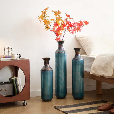 Torch-Fired Metal Vases Set Of 3, Tall Blue Burnt Finish Floor Vases For Home Decor, 28.34 24.4 20.4 Inch Rustic Flower Vases For Farmhouse Living Room