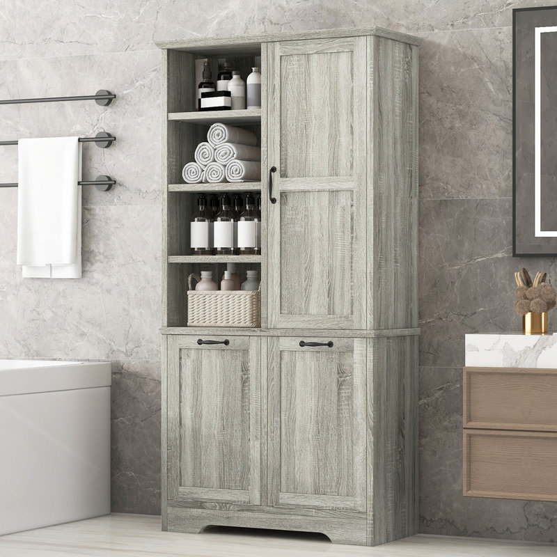 Armoire de rangement pour salle de bain avec portes et tiroirs, panier à linge inclinable, plusieurs espaces de rangement, style autoportant, tablette ouverte, tablette réglable