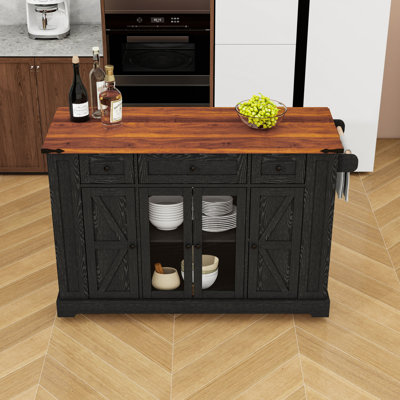 Rolling Kitchen Island Cart with Drop Leaf, Power Outlets, Tempered Glass Doors and Adjustable Shelves by Gracie Oaks