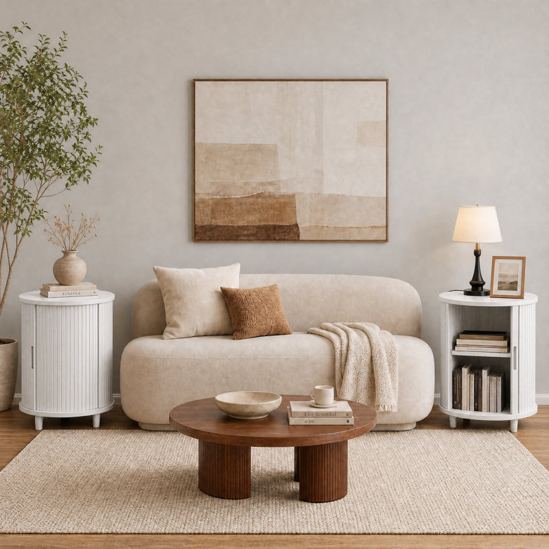Table de bout cannelée ronde de 23,6 po avec station de charge et rangement pour porte coulissante, Greyish White, 1