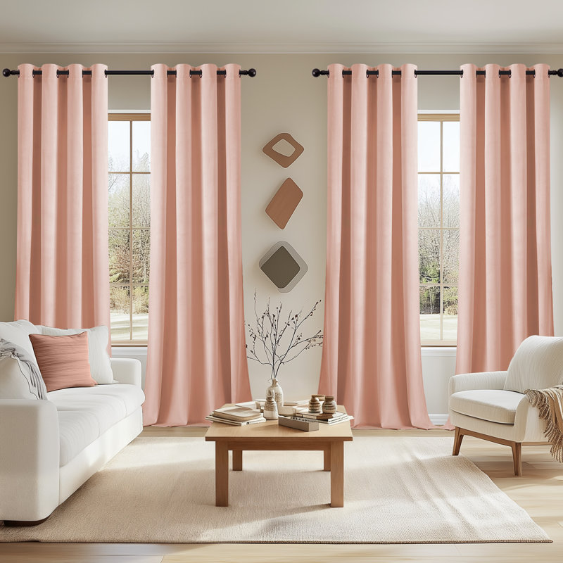 4Pcs Velvet Solid Color Metal Grommets Room Darkening Curtain Panels (Set of 4), Blush, 52" W x 96" L