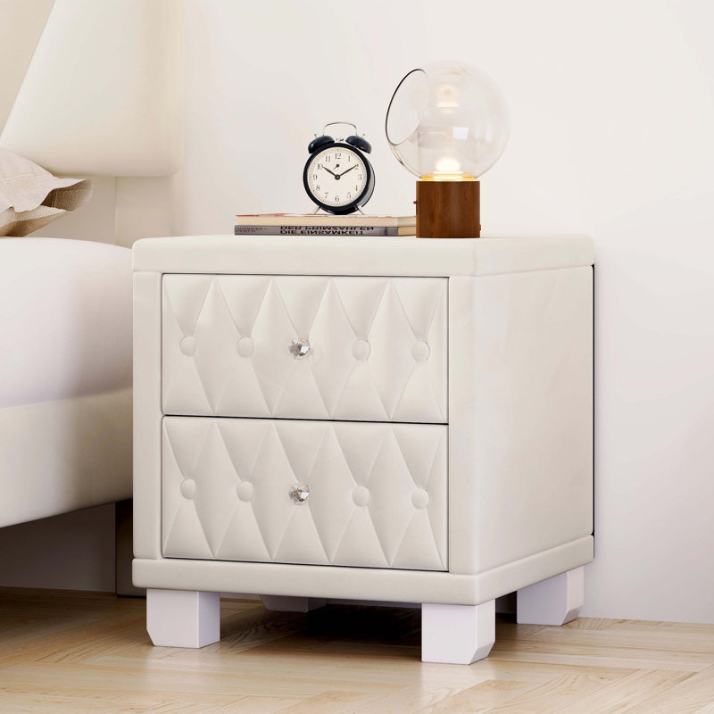 Élégante table de chevet en velours avec 2 tiroirs et poignée en cristal, table de chevet avec capitonnage, Beige
