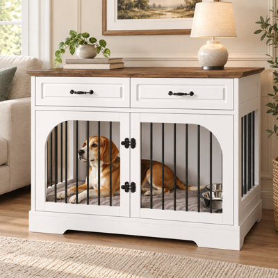 Meuble de cage de 43,3 pouces avec 2 tiroirs de rangement, double porte et 2 gamelles.