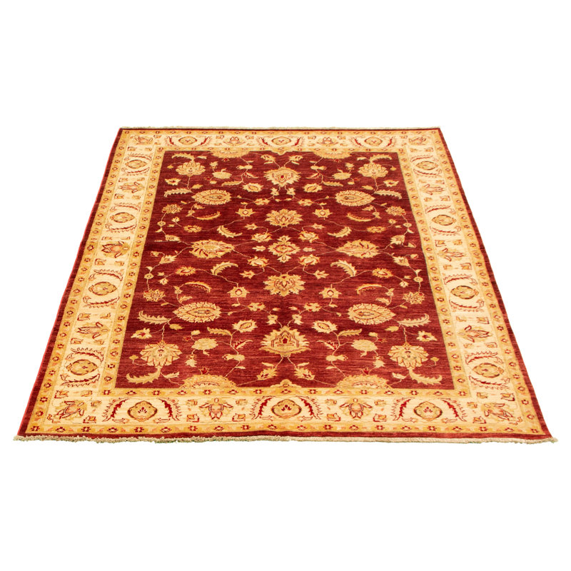 Tapis décoratif en laine noué à la main de conception unique 5 pi 6 po x 7 pi 10 po « New Age » rouge/Ivoire/orange