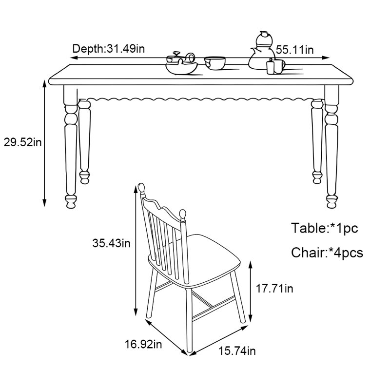 Ensemble de table de salle à manger rectangulaire en bois de frêne, H 29,52 po x L 55,11 po x l 31,49 po