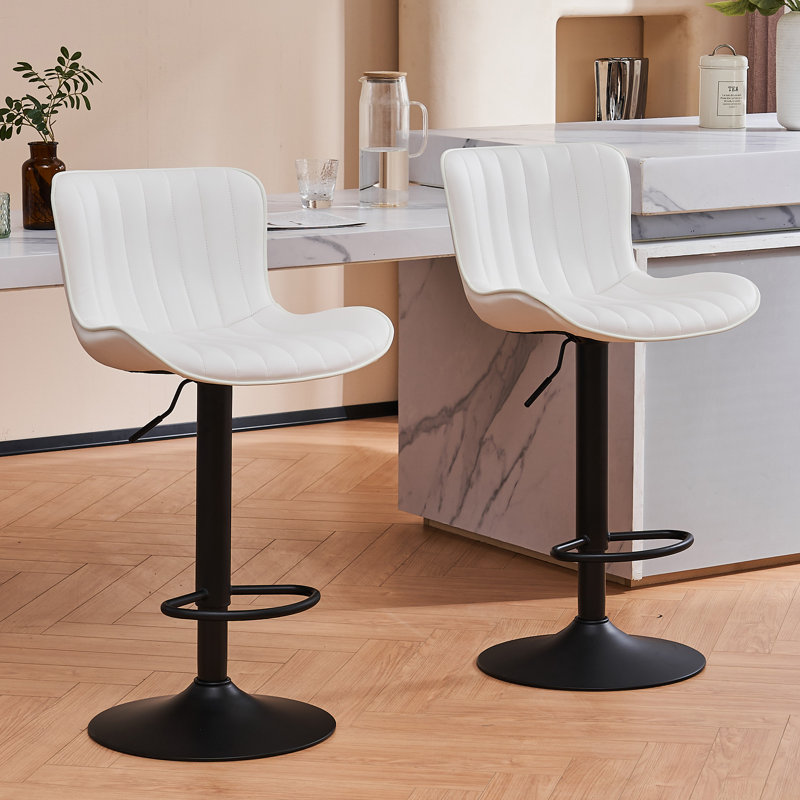 Denan Swivel Adjustable Height Bar Stools, Faux Leather Modern Barstools, Upholstered Counter Stool, White, 2