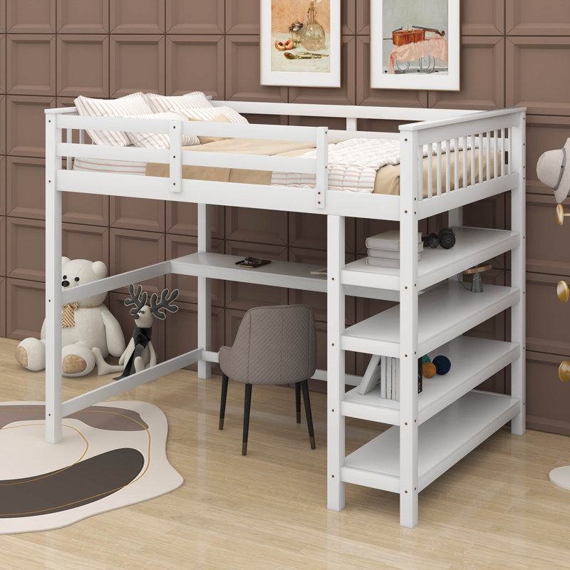 Lit mezzanine double avec tablettes et bureau, Blanc