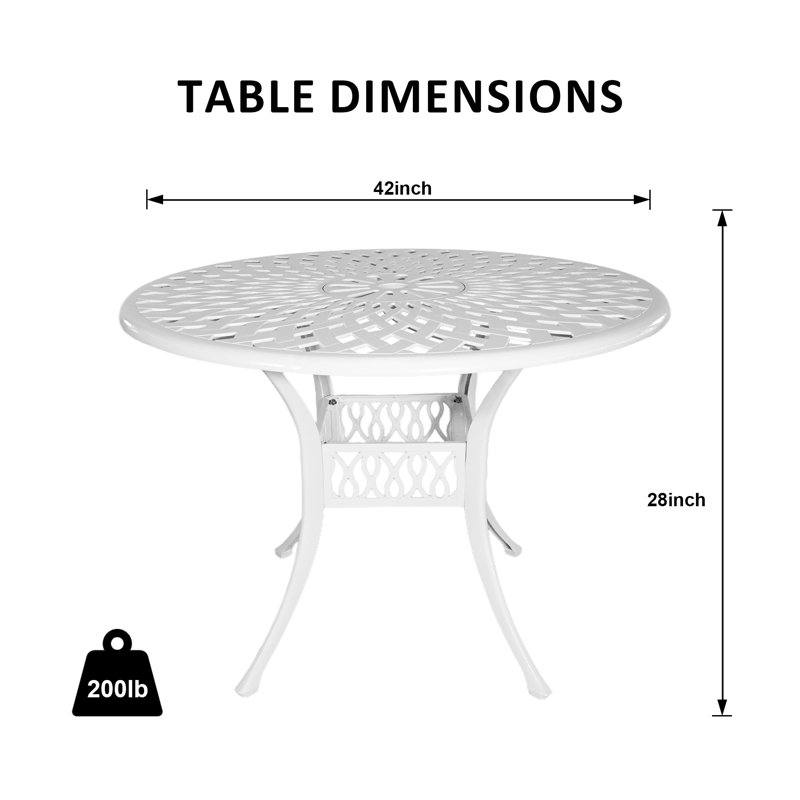 Table de salle à manger ronde 42 po, bistro en fonte d'aluminium avec trou pour parasol 1,97 po, blanc