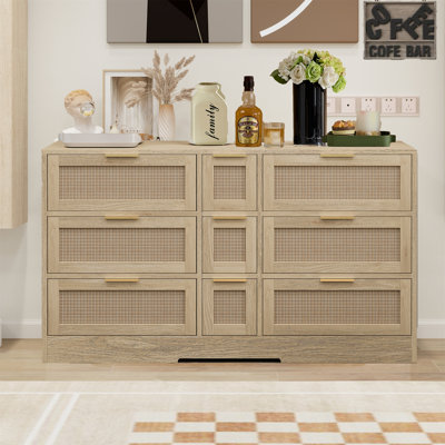 Boho 9 Storage Drawer Dresser, 51" Wide Rattan Buffet Sideboard Cabinet With Drawers,Dresser Chest Of Drawers For Closet