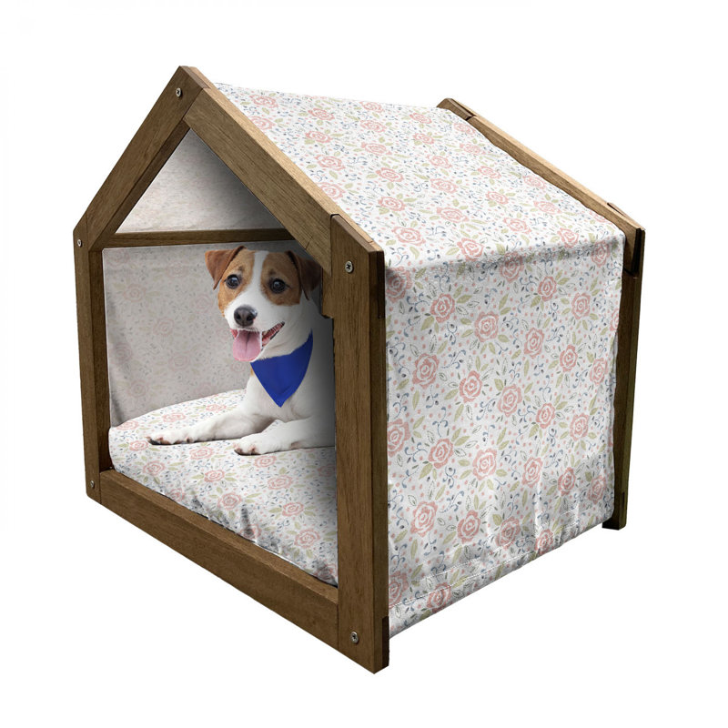Floral Patterned Wooden Dog House with Canopy and Pillow