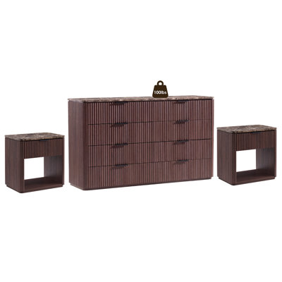 3-Piece Fluted Bedroom Set with Faux Marble Top, 8-Drawer Dresser + Set of 2 Nightstands