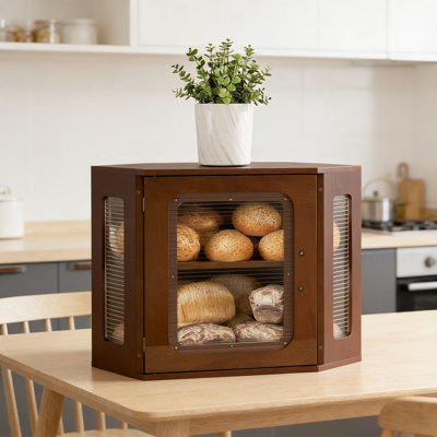 Farmhouse Bread Box With Acrylic Window, Wood Double Layer Kitchen Storage Container With Adjustable Shelf For Countertop Organization