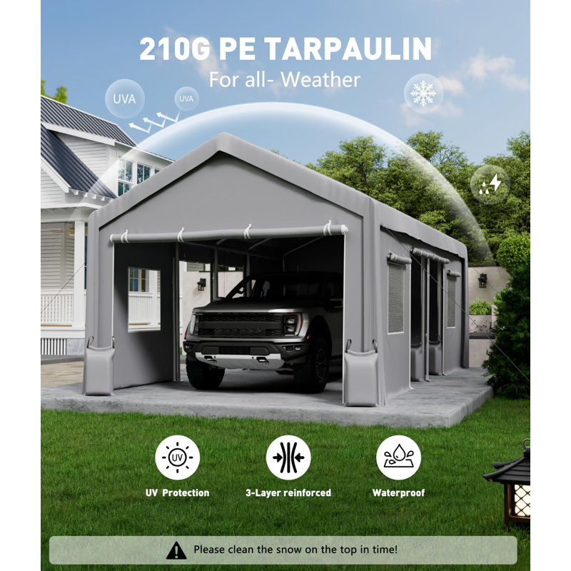 Carport Canopy Replacement Cover, 609x396 cm Gray 200G Waterproof UV Protected Garage Shelter Tarp with Ball Bungees, Easy Installation for Car Truck Boat, Frame Not Included