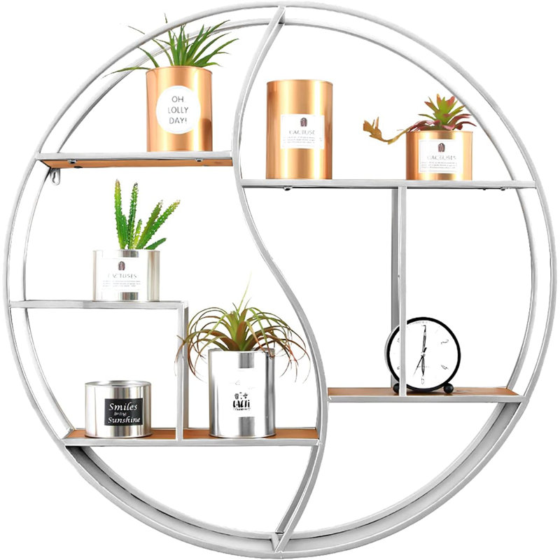 Round Floating Shelf Wall Mounted - Metal Frame With Vintage Wood Display Organizer For Living Room, Bathroom, Fireplace Decor