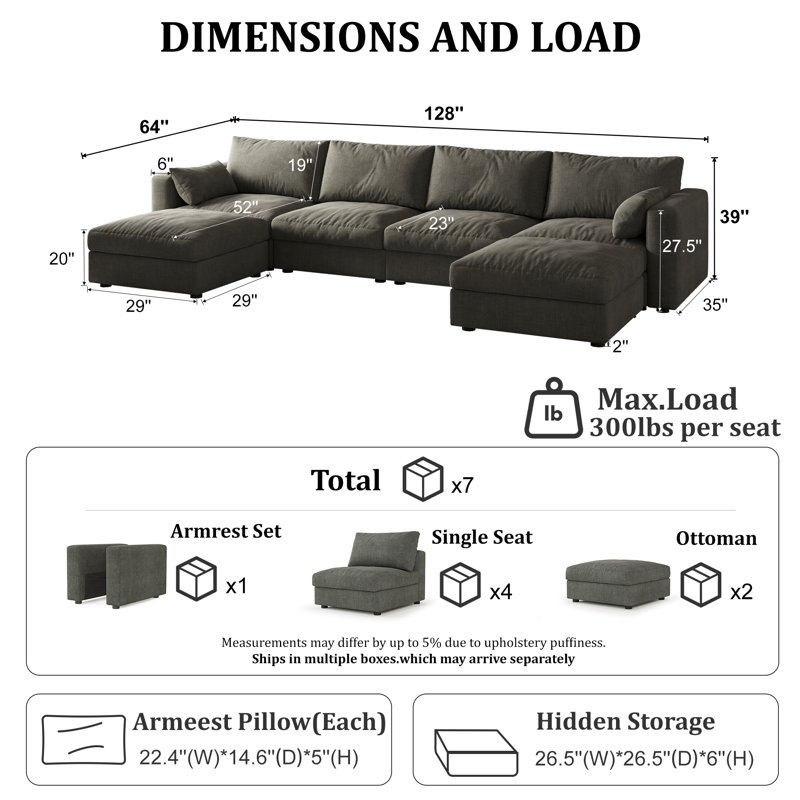 Canapé modulaire de 128 po avec rangement, Chenille grise foncée, H 39 po x l 128 po x P 64 po 