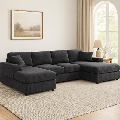 Canapé modulaire 3 pièces pour 4 personnes en velours côtelé gris avec coussins rembourrés de mousse, accoudoirs carrés, design minimaliste, structure en bois d'ingénierie amovible, profondeur 58,96 po, largeur 119,57 po, hauteur 33,24 po