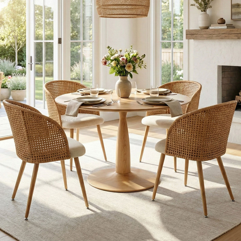 Ensemble de table de salle à manger pour 4 personnes avec table ronde et 4 chaises rembourrées en tissu