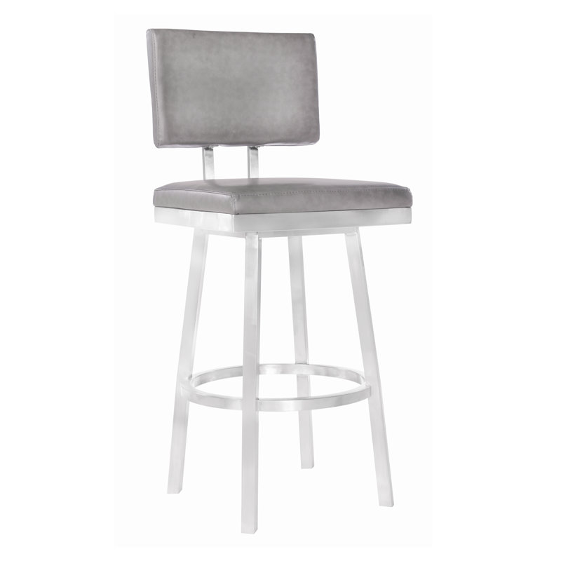 Nakagawa Swivel Counter or Bar Height Bar Stool with Footrest in Faux Leather and Metal Legs, Gray, Silver
