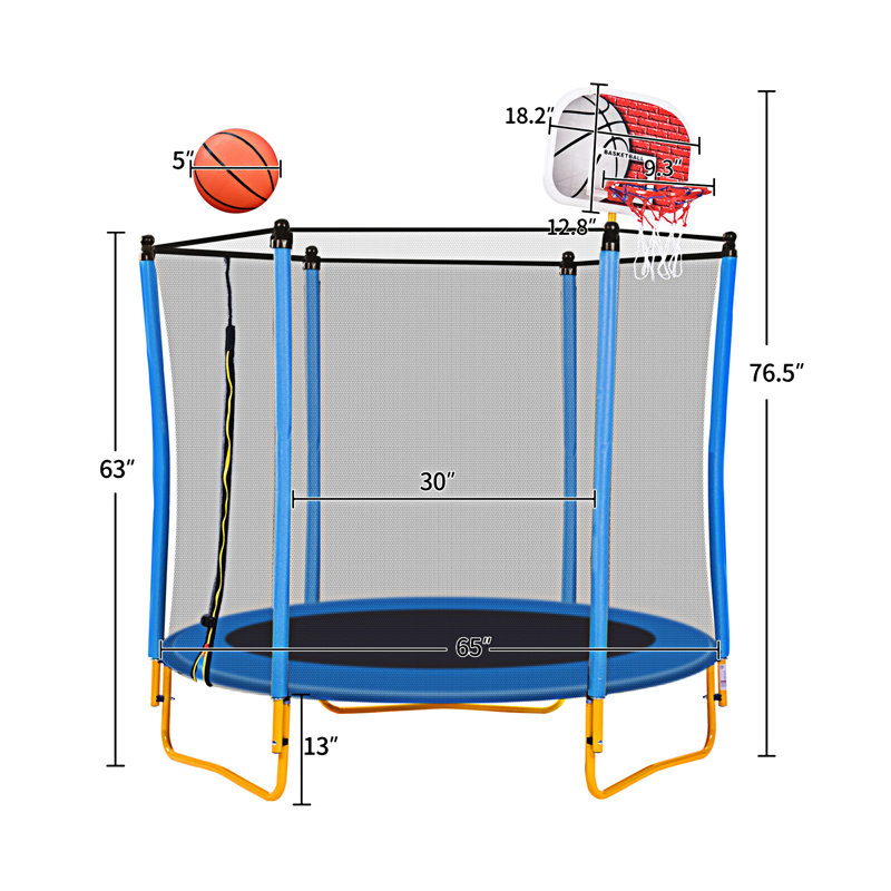 65'' Blue Kids' Trampoline with Enclosure and Basketball Hoop