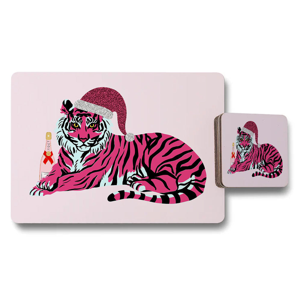 Pink Tiger Christmas Placemat and Coaster Set with Santa Hat