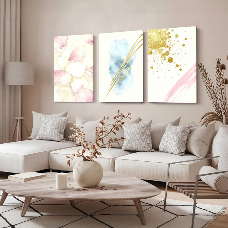Ensemble de 3 tableaux abstraits floraux à l'aquarelle avec accents dorés sur toile tendue, H 36 po x l 72 po