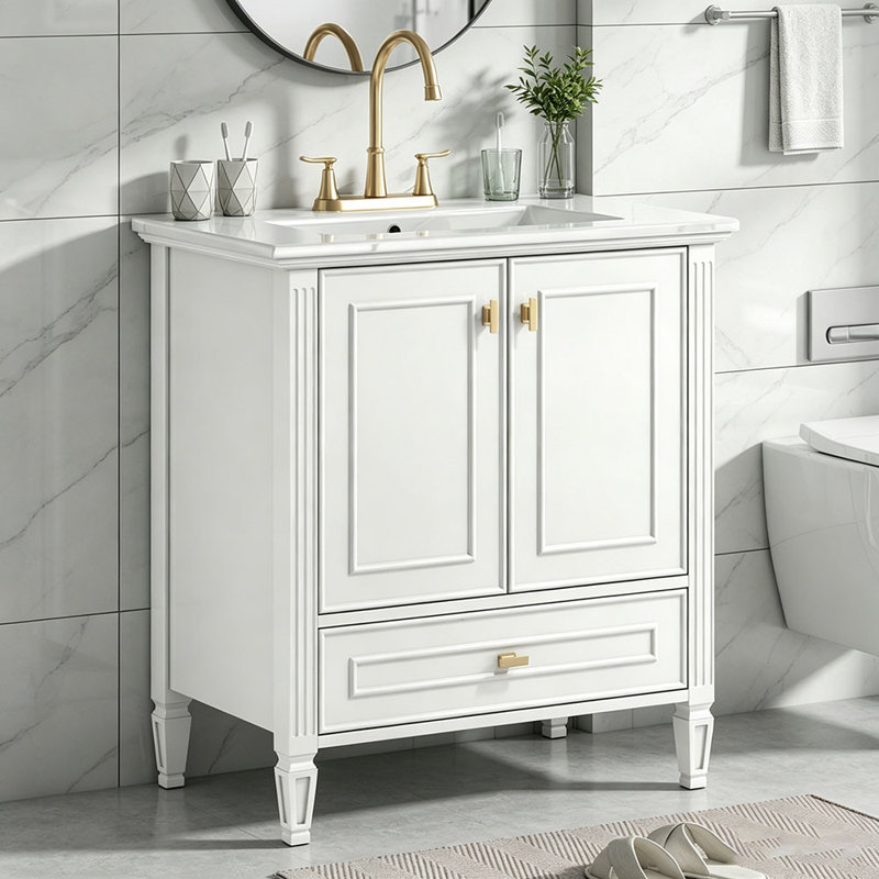 Meuble-lavabo de 30 po avec lavabo, meuble-lavabo autoportant avec 1 tiroir et 2 portes à fermeture en douceur avec rangement pour porte, structure et pieds en bois massif, un paquet