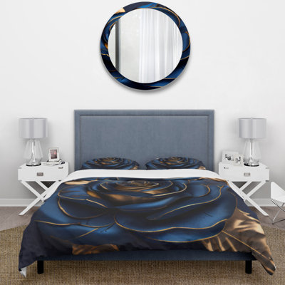 Floral 4 Pcs Comforter Set - Gilded Rose In Kings Blue III With Shams And Throw Pillows