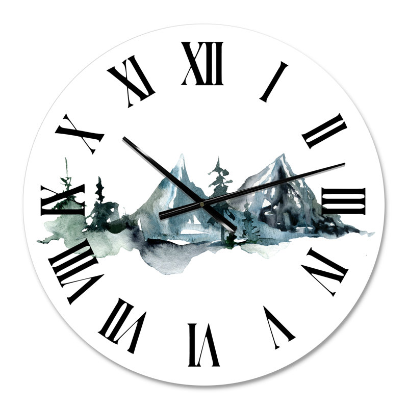 Minimaliste montagnes d'hiver et forêt de sapins III - horloge murale moderne, Surdimensionné