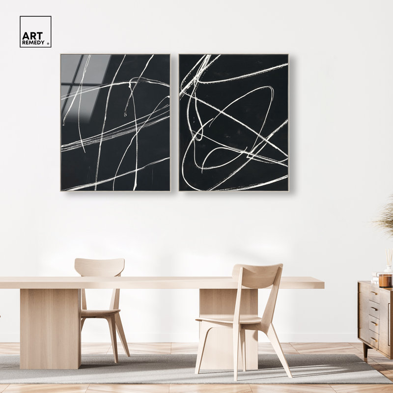 Ensemble de décorations murales noires The Crossing Lines Duo par Art Remedy, cadre argenté, 36 x 45, H 46 po x l 37 po