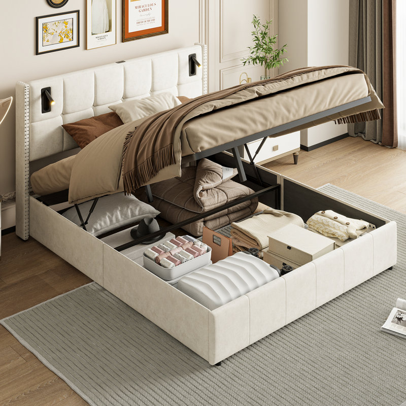 Upholstered Ottoman Storage Bed, Beige, European Kingsize (160 x 200 cm)