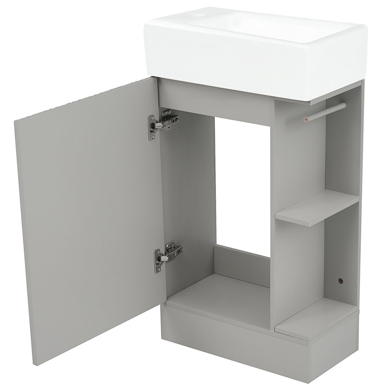 Meuble-lavabo moderne gris 18,6 po avec armoire et lavabo en céramique, meuble-lavabo à tablettes pliable, Gray