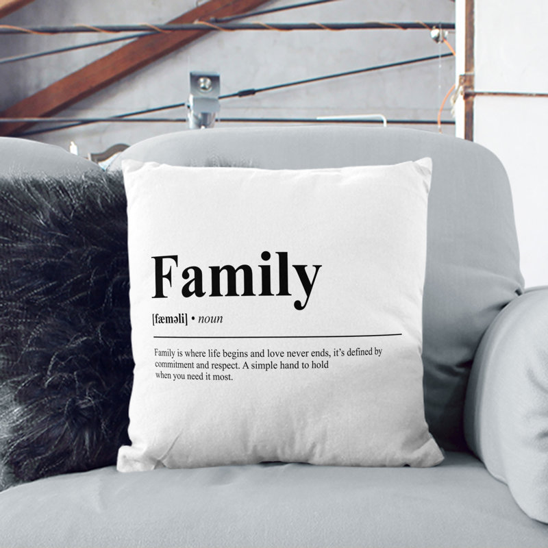 Dictionary Family Typography Square Throw Cushion, White, 55cm H x 55cm W x 20cm D
