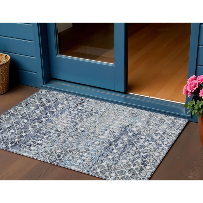 3' X 5' Blue And Silver Argyle Washable Indoor Outdoor Area Rug