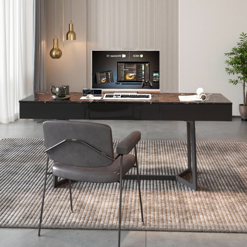 Bureau d'ordinateur 70 po noir avec pieds en forme de Y - Bureau de direction, bureau en coin pour bureau à domicile