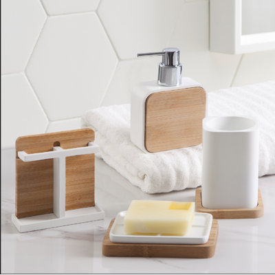 Gause Luxury Modern Home Décor 4 Piece Bath Accessories Set Ensemble Included Bathroom Liquid Soap Lotion Dispenser Pump Toothbrush Holder Tumbler and Soap Dish, Alpha Modern Bamboo Resin Style