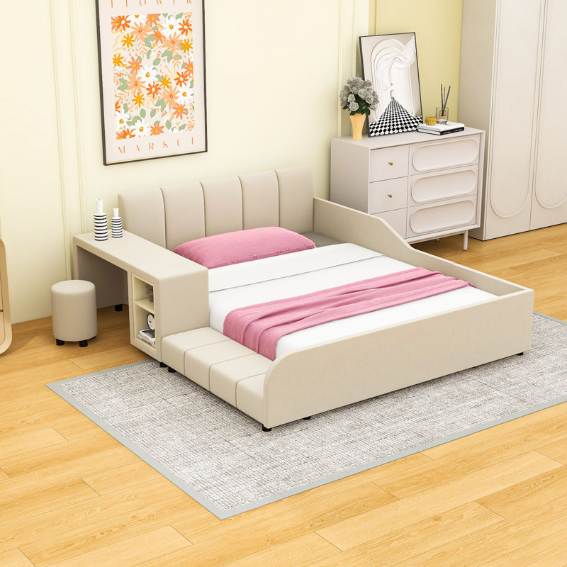 Upholstered Wood Platform Bed with Bedside Desk, Round Stool and Headboard, Beige, Full
